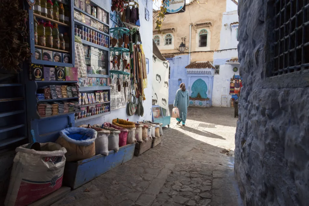 Street in the medina of blue town Chefchaouen, Morocco