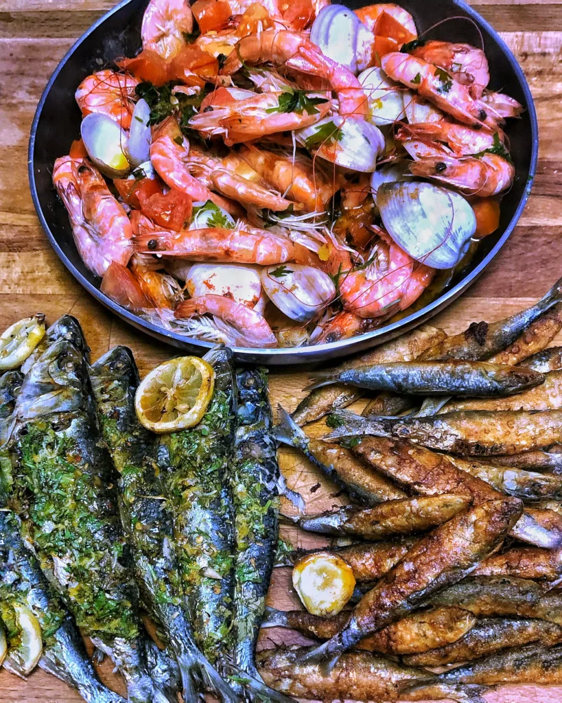 plate of shrimps on wooden surface