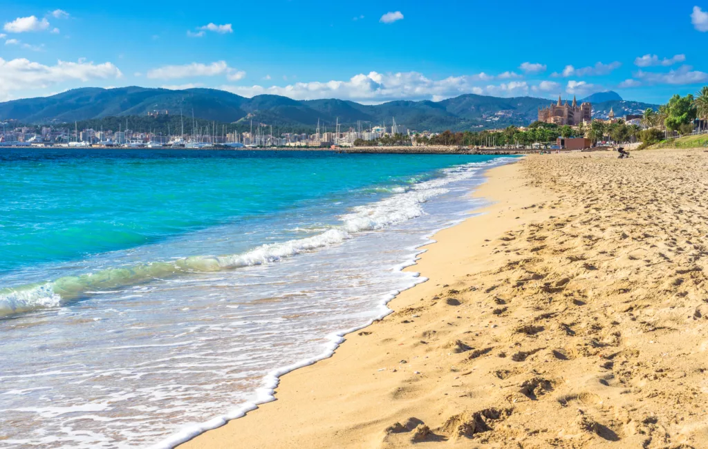Beautiful view of sand beach in Palma de Mallorca, Mediterranean Sea Spain