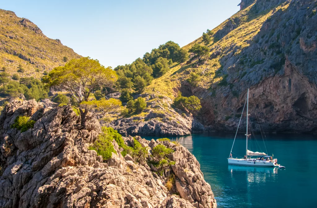 Boat in Mediterranean bay, Majorca Spain