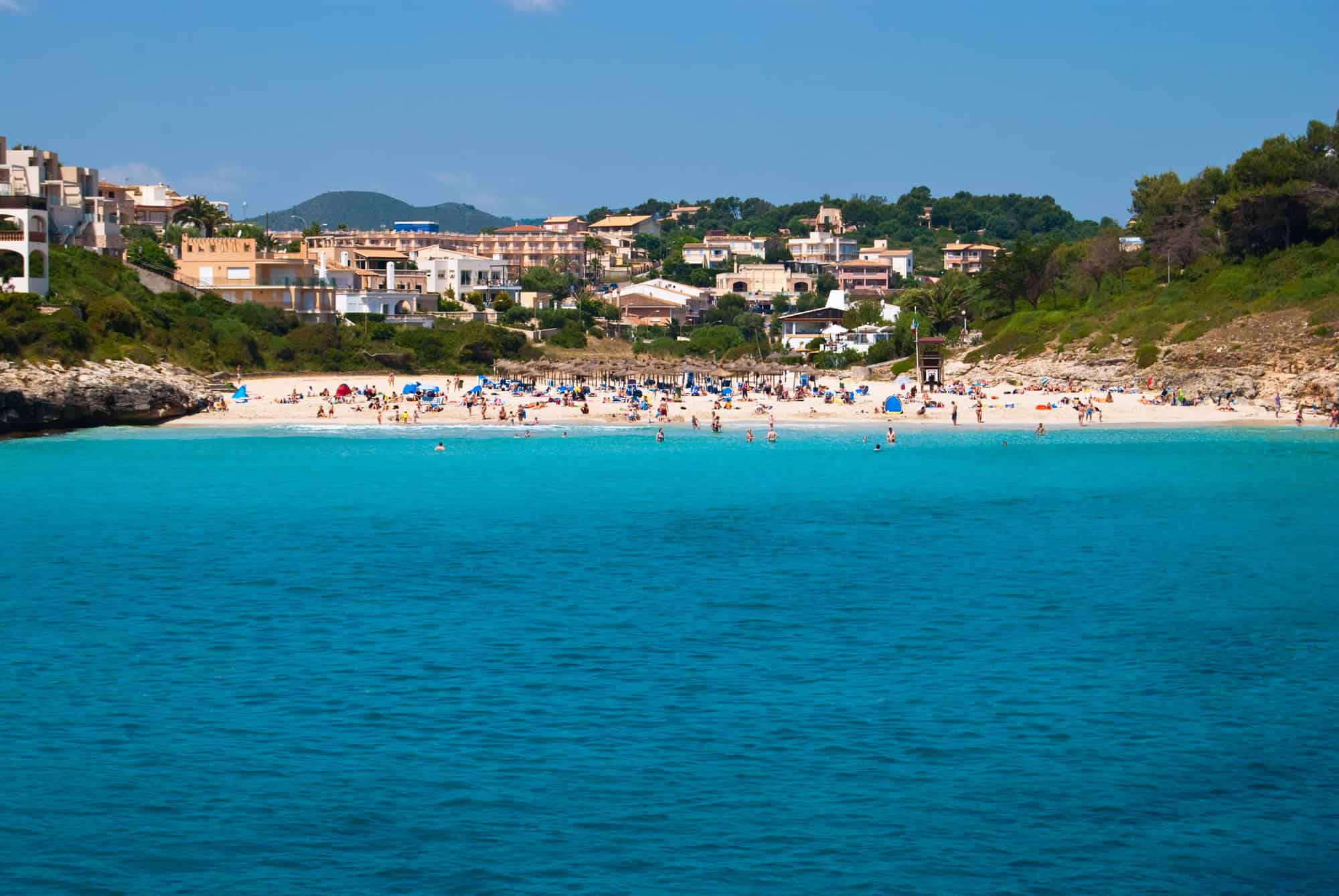 Cala Romantica town and the beach of Mediterranean Sea, Majorca island, Spain