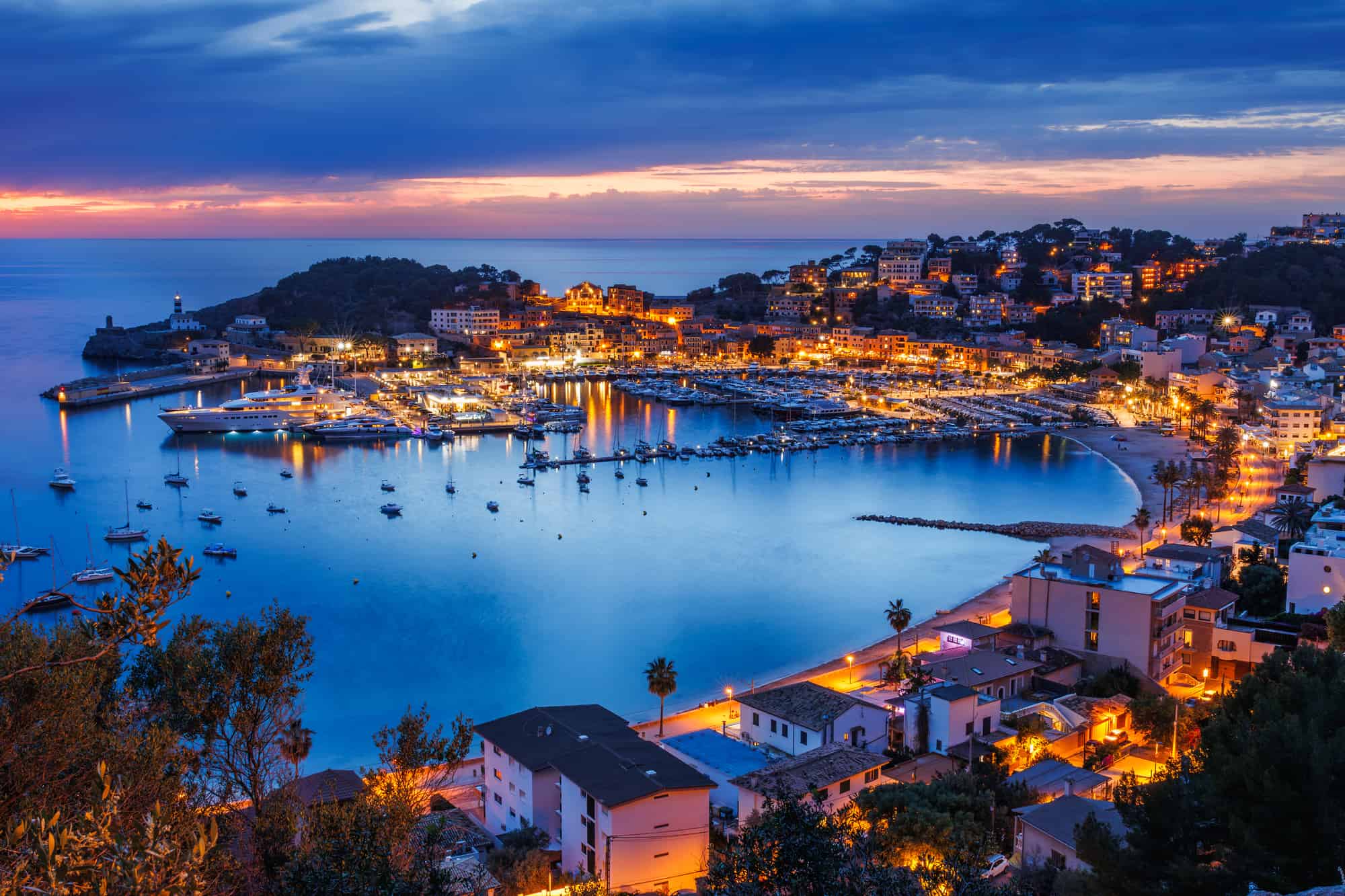 Port de Soller at sunset. Beautiful twilight at travel destination in Mallorca