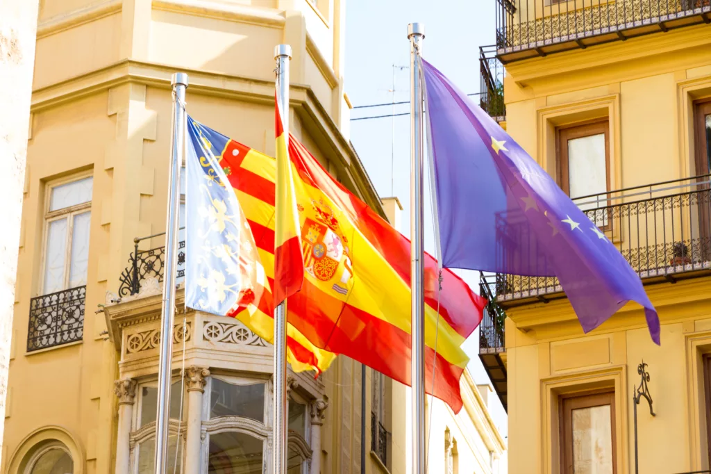 Valencia, Spain. Flags near the seat of the Valencian government in the city center