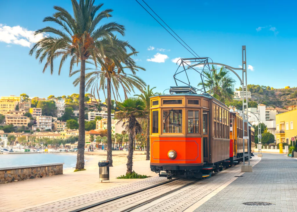 The famous orange tram runs from Soller to Port de Soller, Mallorca