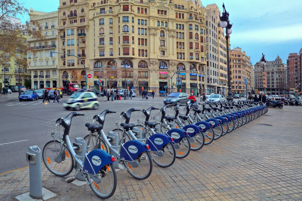 Bicycle station on city square.
