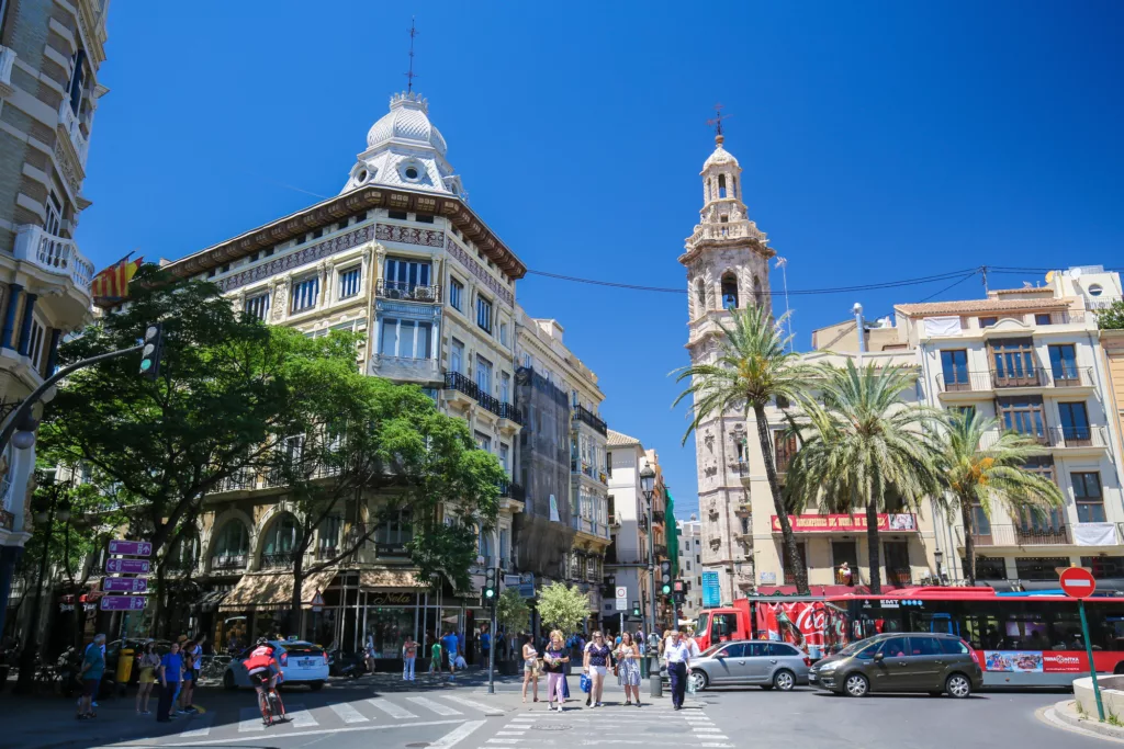 View of buildings and the Santa Catalina Gothic tower in the center of Valencia, Spain