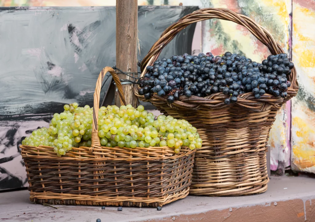 white and black grapes in a wicker basket