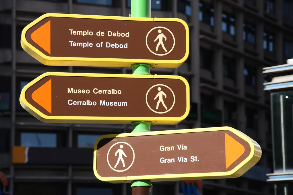 Direction signs to popular landmarks in Madrid, Spain