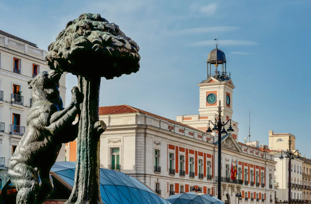 Panoramica of Puerta Del Sol in Madrid, with the bear (symbol of Madrid)