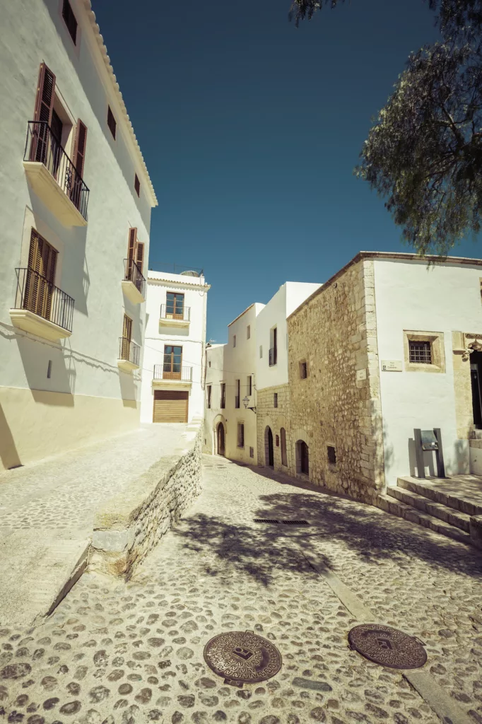 Typical street in old town of Ibiza, in Balearic Islands, Spain