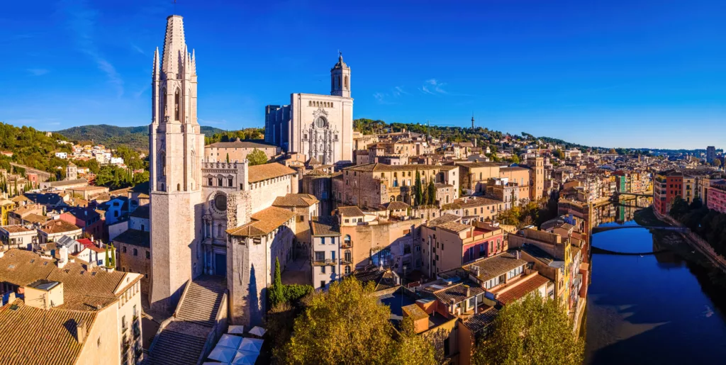 Aerial view of Girona, a city in Spain’s northeastern Catalonia region, beside the River Onyar