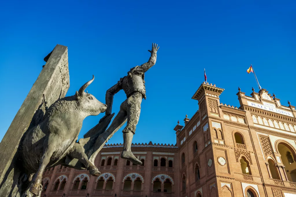 Bullfighter sculpture in front of Bullfighting arena Plaza de Toros de Las Ventas in Madrid