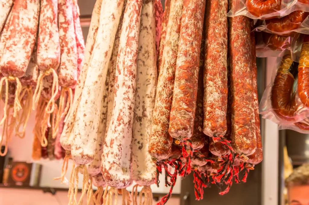 Spain's Grocery Delights Catalan dry sausages, fuet market in Barcelona
