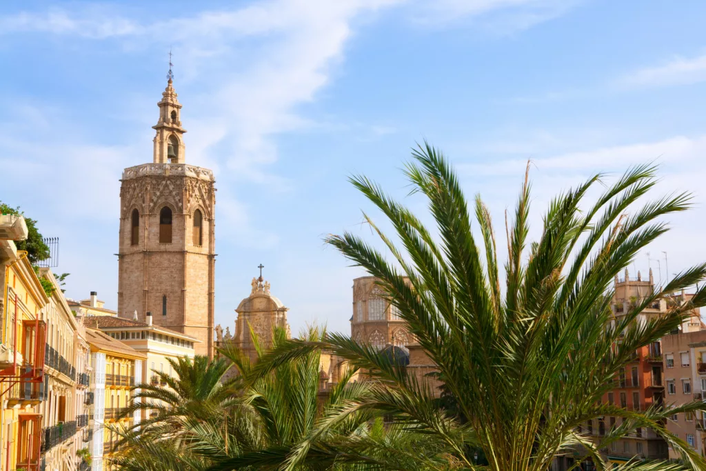 Valenca in January .Valencia historic downtown El Miguelete and Cathedral Micalet de la Seu in spain