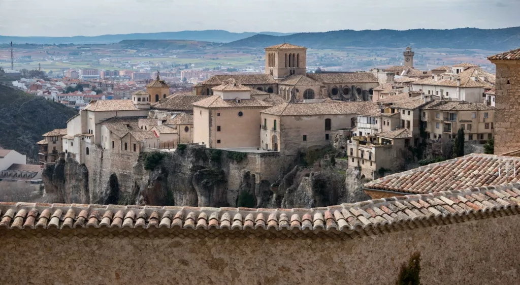 Close up vintage view of Cuenca old town in February