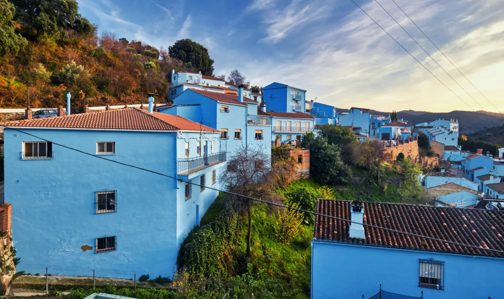 Picturesque hillside famous Juzcar town or Smurfs Village in January