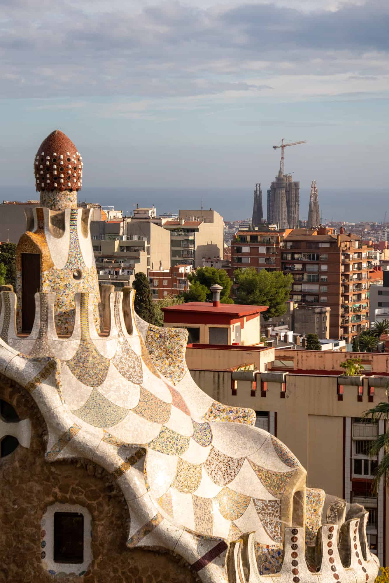 Beautiful view of Park Guell with the city skyline behind