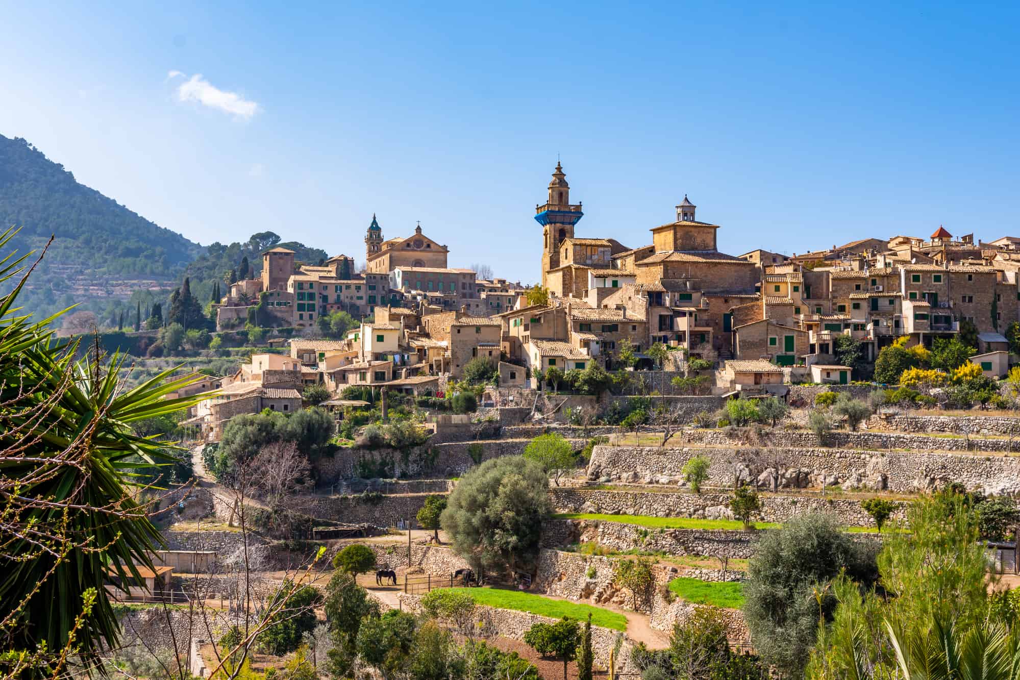 A beautiful view of the stairs and the buildings in Valldemossa, Mallorca Spain on a sunny day 