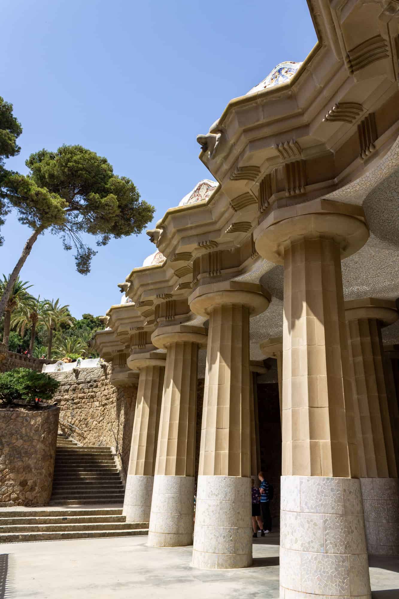 View of the architectural details of the Park Guell designed by Antoni Gaudi in Barcelona, Spain