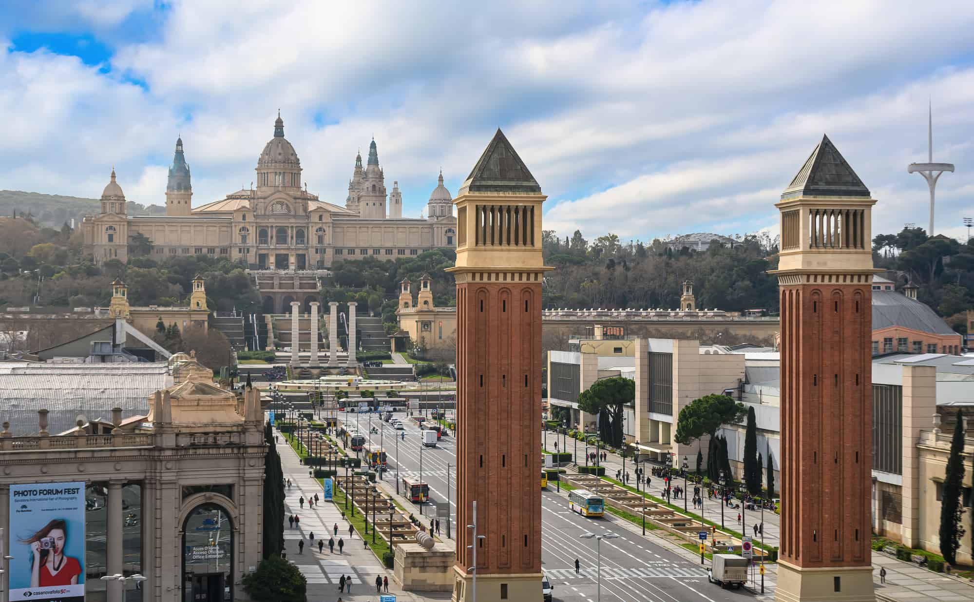 Barcelona, Spain. View at Plaza de Espanya and Palau de Montjuic