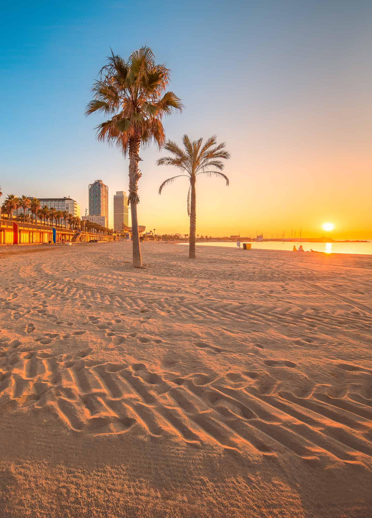 Barceloneta Beach in Barcelona at sunrise