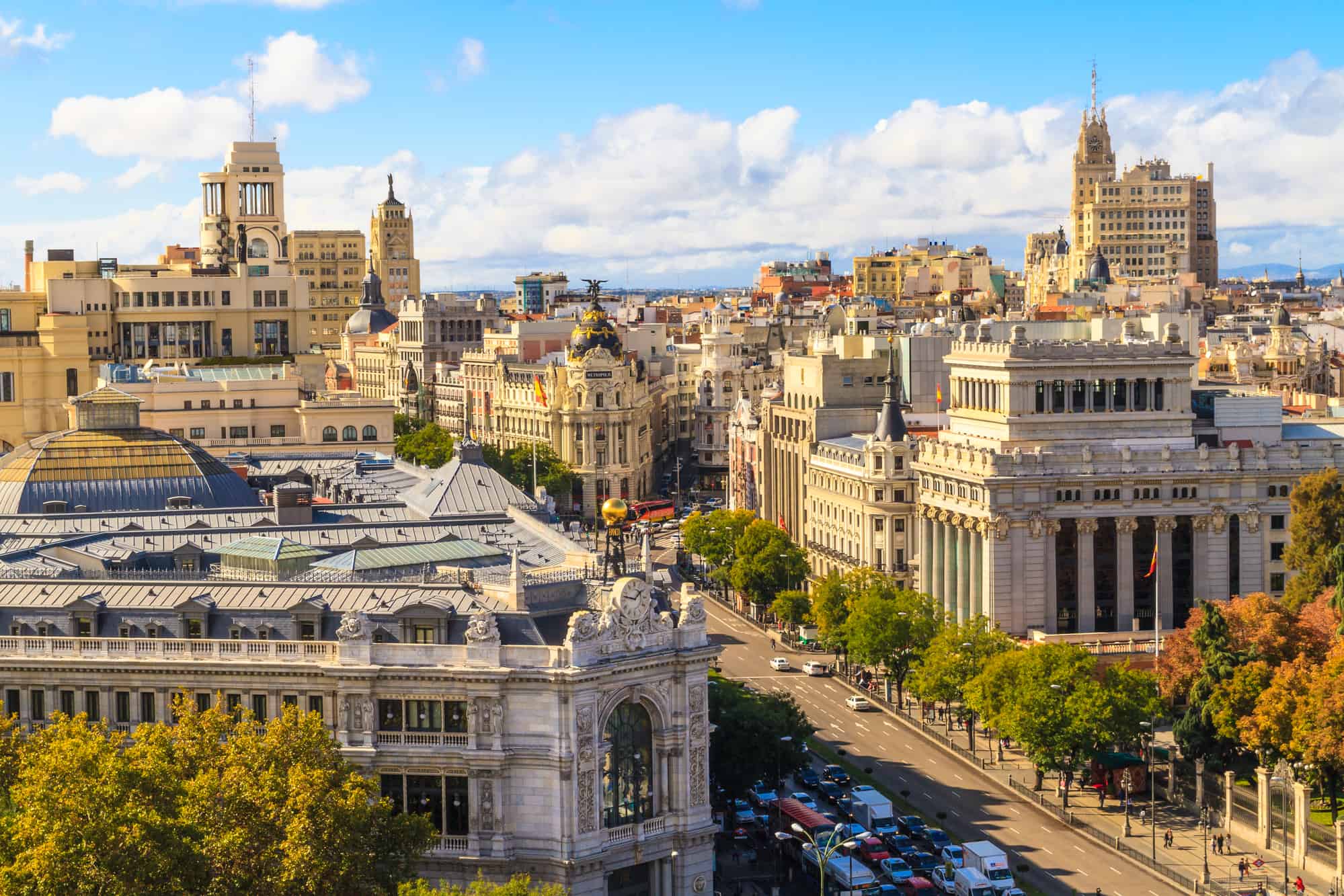 Madrid cityscape and aerial view of of Gran Via shopping street