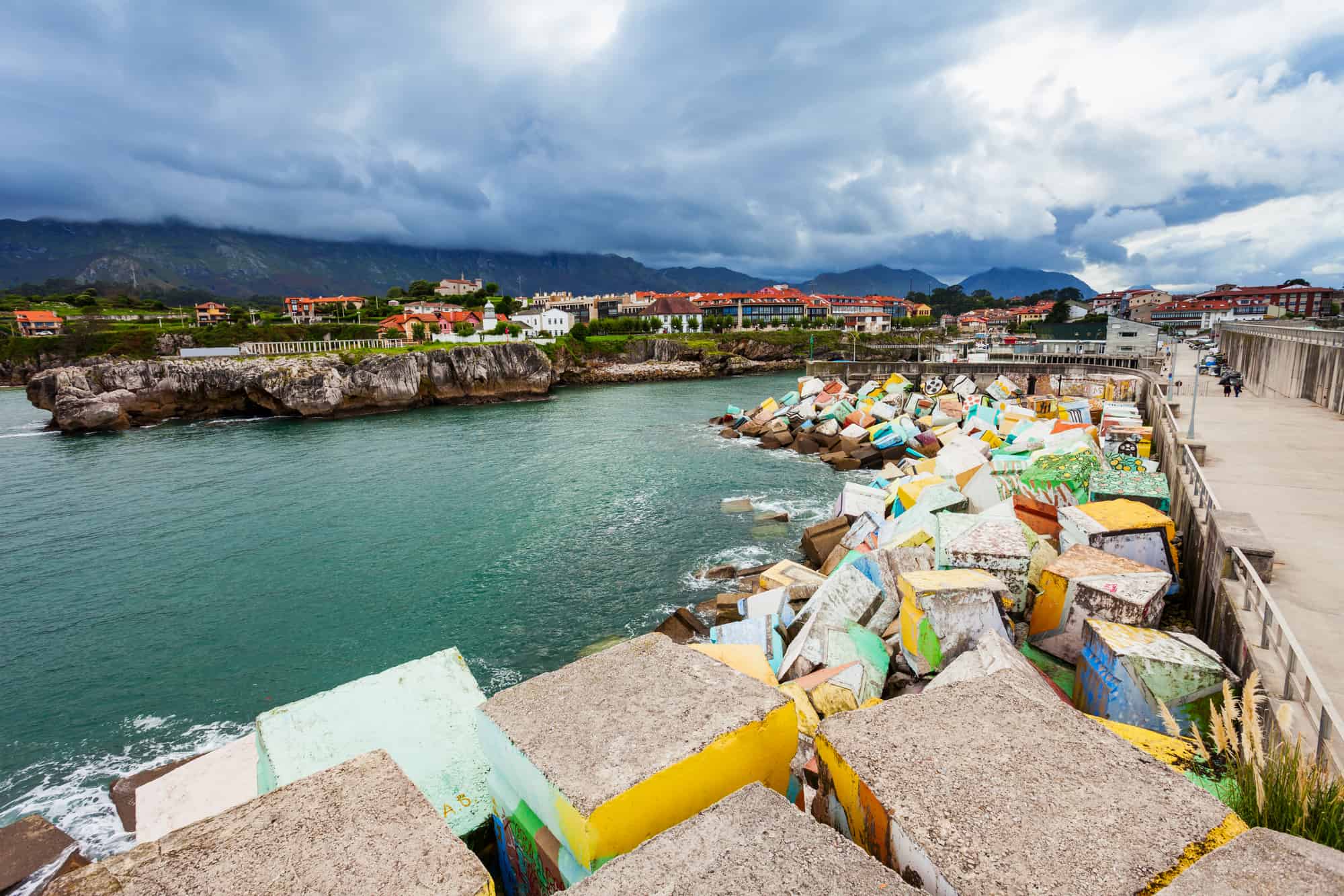 Memory Cubes at the pier in Llanes city, Asturias province in northern Spain