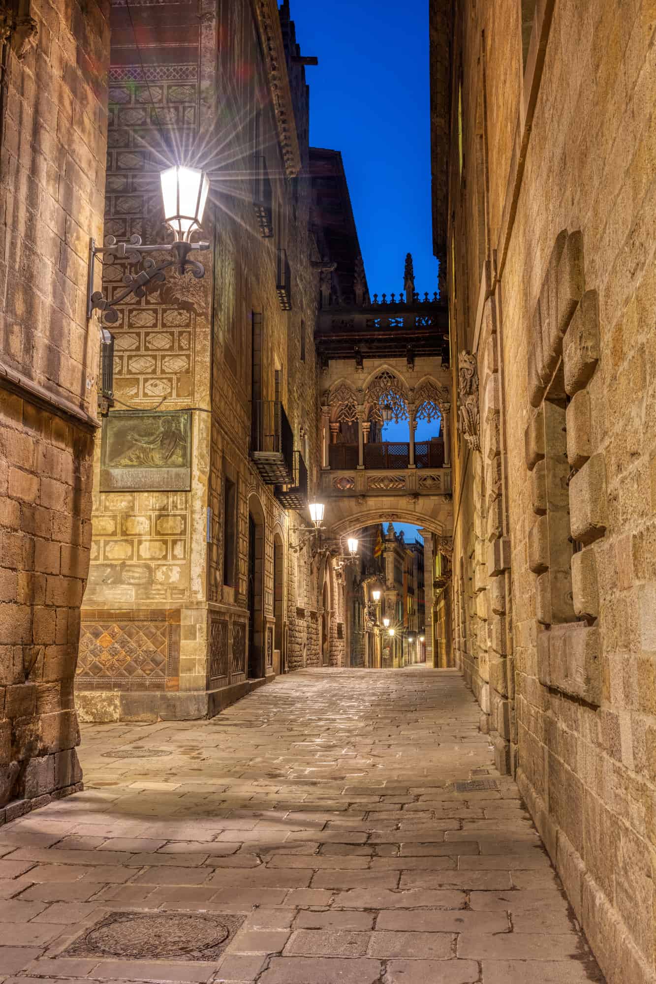 The historic Barrio Gotico in Barcelona at night with the Pont del Bispe