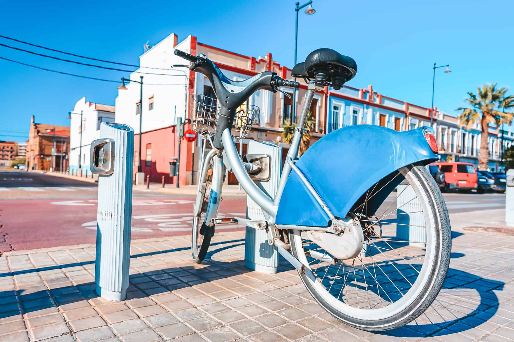 Bicycles for rent on Playa de las Arenas beach in Valencia, Spain