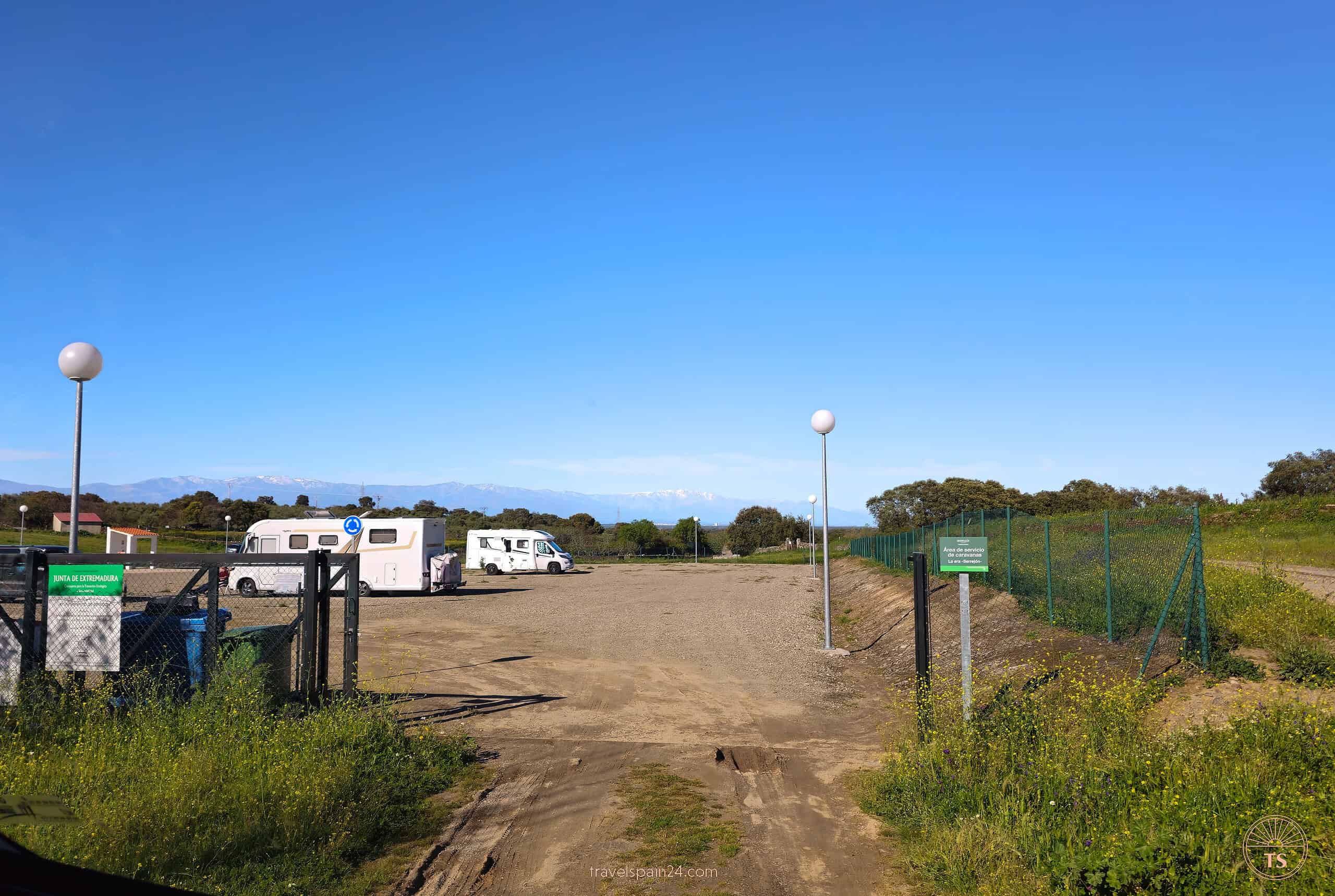 Our motorhome parking for the night in Serrejon, a peaceful spot about 35 minutes away from Monfragüe National Park, providing a base for our hiking adventures.