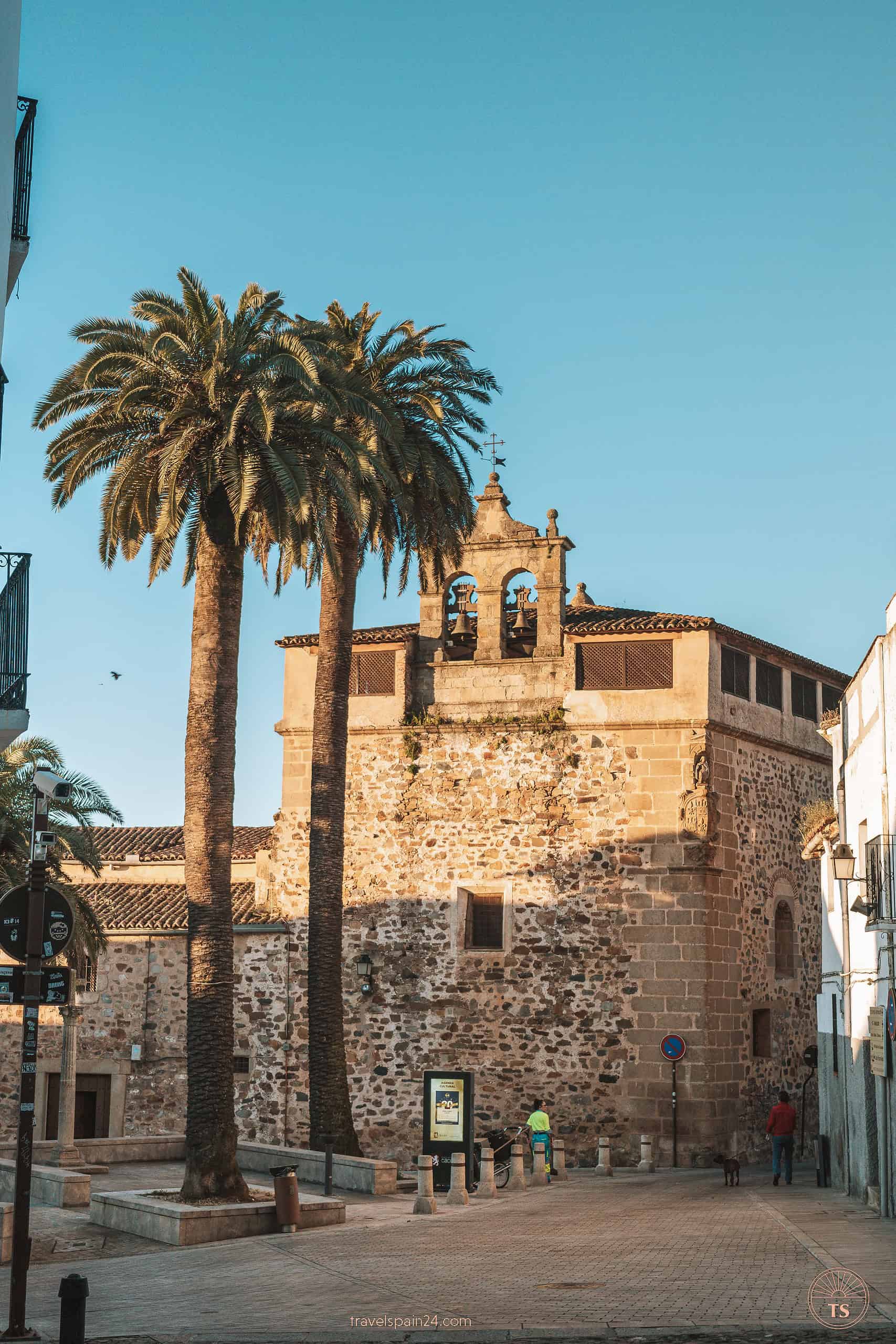 The serene Convent of Santa Clara located in the quiet Plaza de Santa Clara in Cáceres, a peaceful retreat within the bustling city.