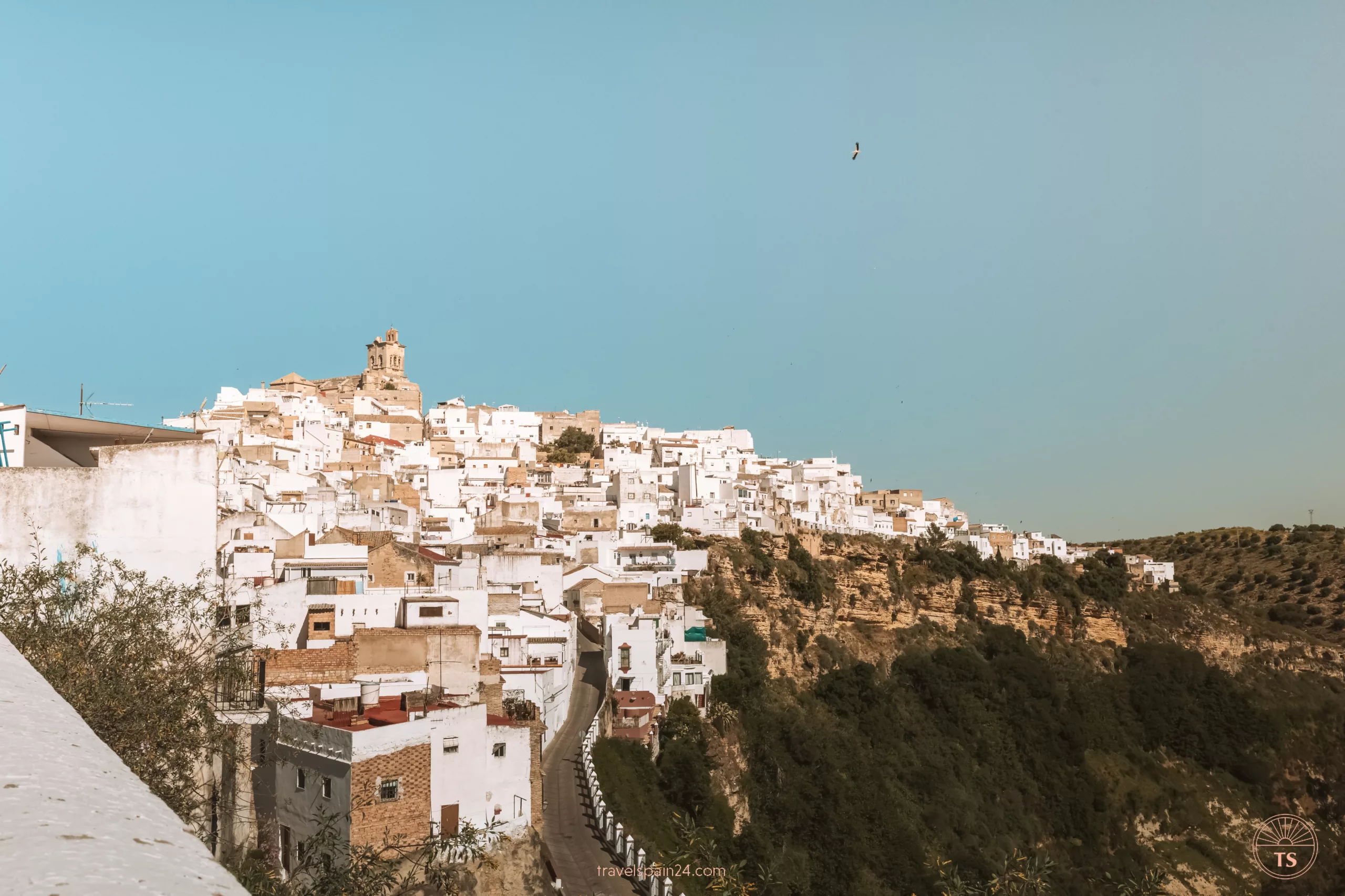 Panoramic view from Mirador Peña Vieja in Arcos de la Frontera, showing white houses on the cliff. A stork flies in the distance.