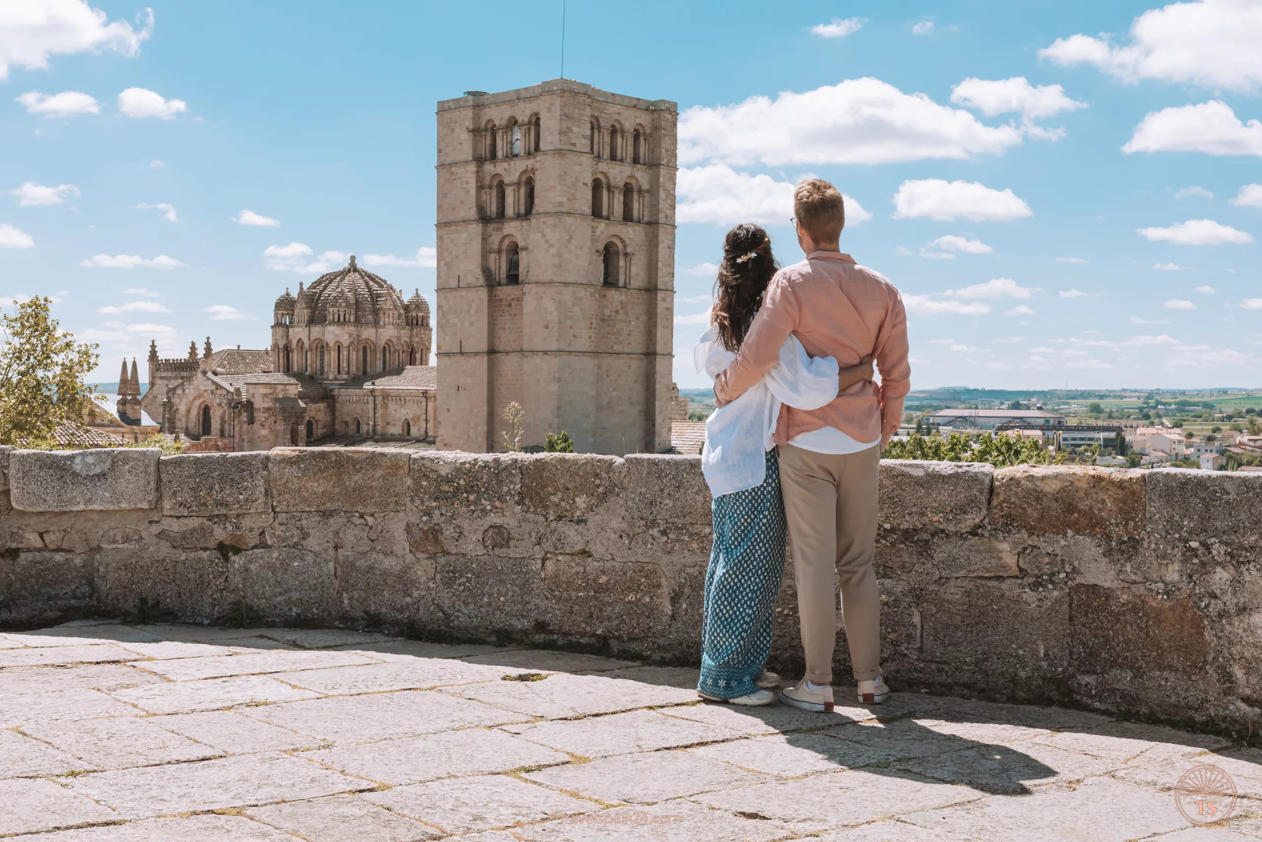 "View from the Zamora Castle tower on a sunny day with us in the picture, showcasing one of the highlights of visiting Zamora