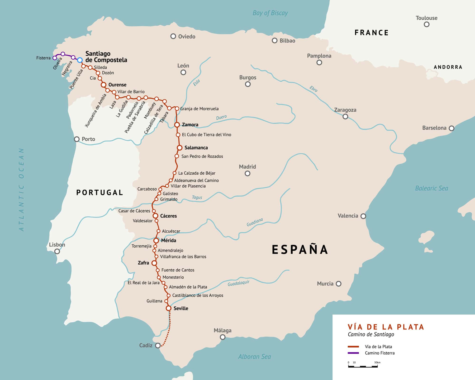 Vía de la Plata map. The Silver route. Camino De Santiago or The Way of St.James in Spain. Ancient pilgrimage path from south of Spain to the Santiago de Compostella.